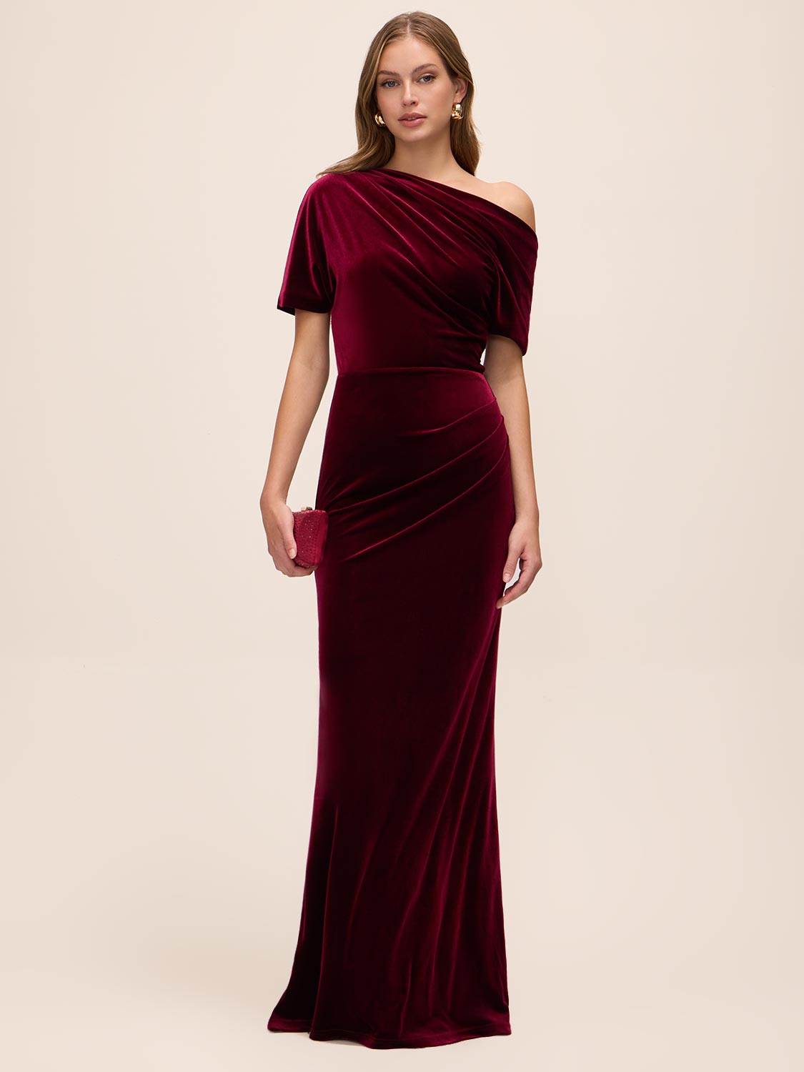 Burgundy Velour Gown with Asymmetrical Neckline - Woman Wearing Elegant Evening Dress - Le Chateau