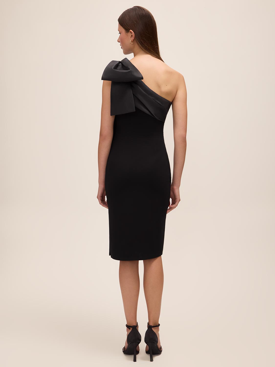 Black One-Shoulder Knit Crepe Sheath Dress - Back View - Le Chateau