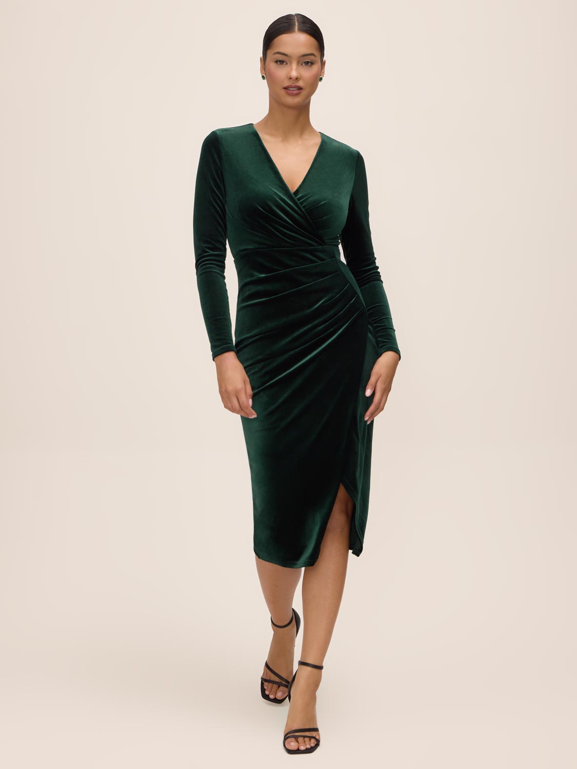 Dark Emerald Velour Crossover Sheath Dress - Front View - Le Chateau