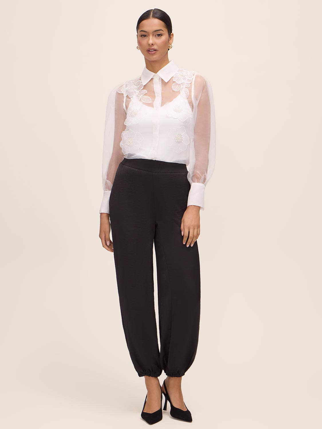 Off White Floral Appliqué Organza Blouse - Full Body View - Le Chateau