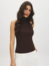 Coffee Bean Sleeveless Halter Mock Neck Top - Woman Wearing Fitted Shell Top - Suzy Shier