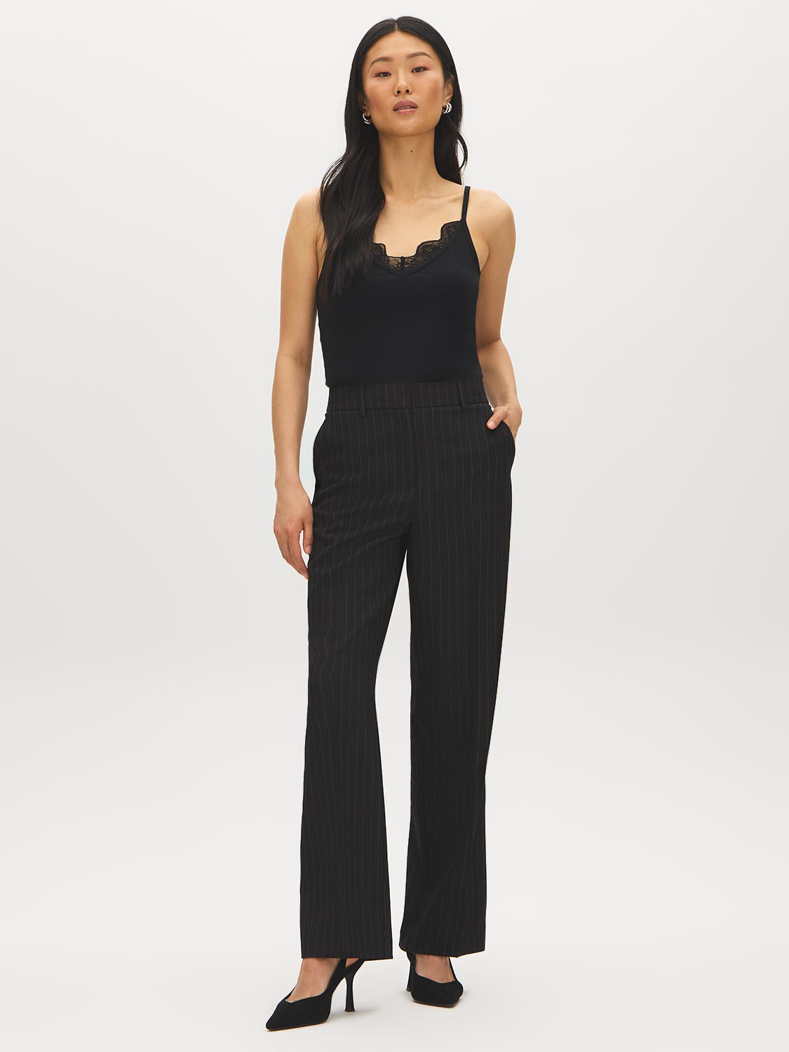 Black/White Stripe Fly-Front Ankle Trousers - Woman Wearing Straight Leg Pants - Suzy Shier