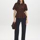 Milk Chocolate Textured Peplum Blouse with Puff Sleeves - Front View - Suzy Shier