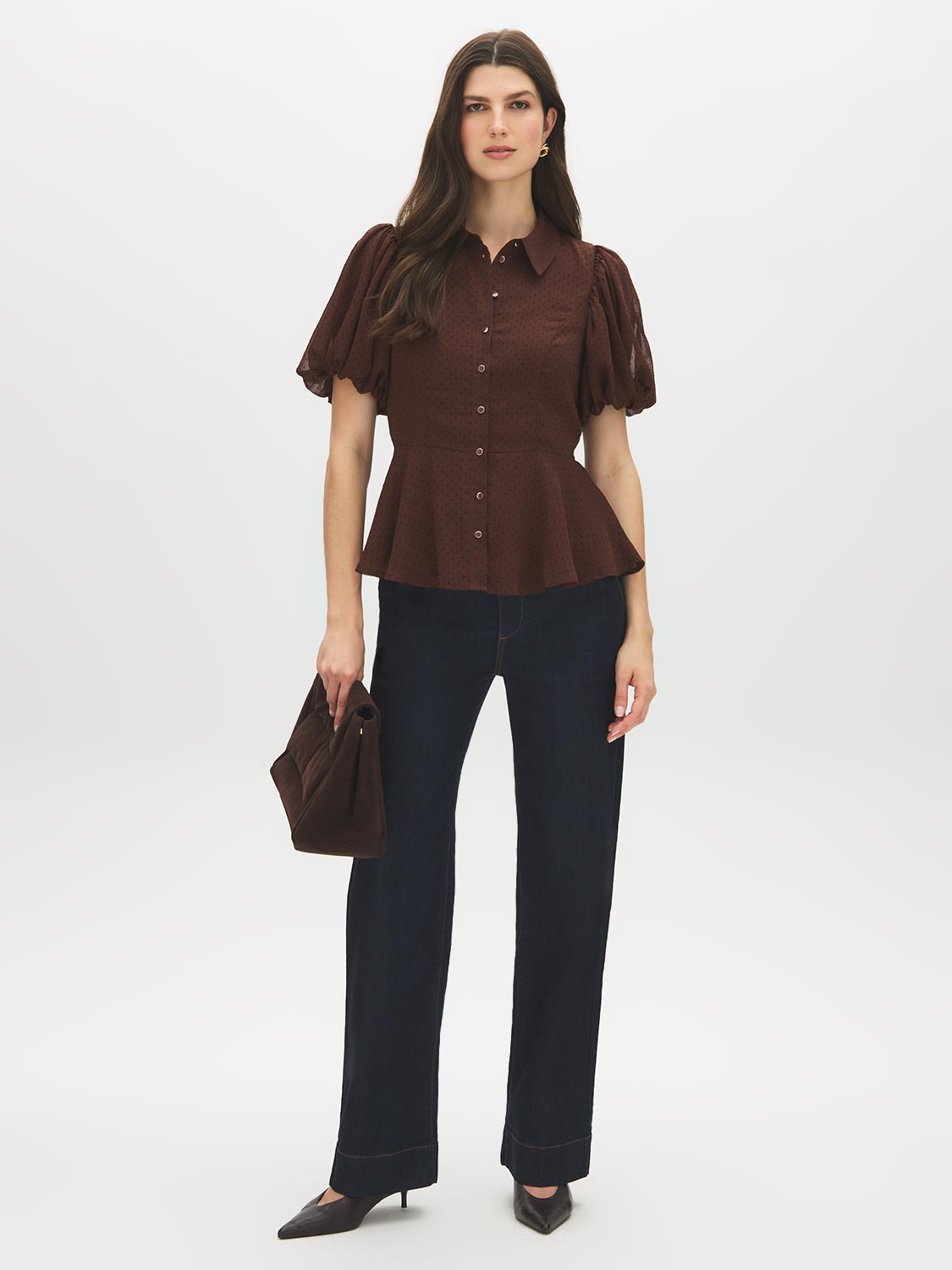 Milk Chocolate Textured Peplum Blouse with Puff Sleeves - Front View - Suzy Shier