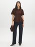 Milk Chocolate Textured Peplum Blouse with Puff Sleeves - Front View - Suzy Shier