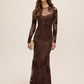 Mocha Soutache Floral Mesh Gown - Woman Wearing Long Sleeve Embroidered Evening Dress - Le Chateau