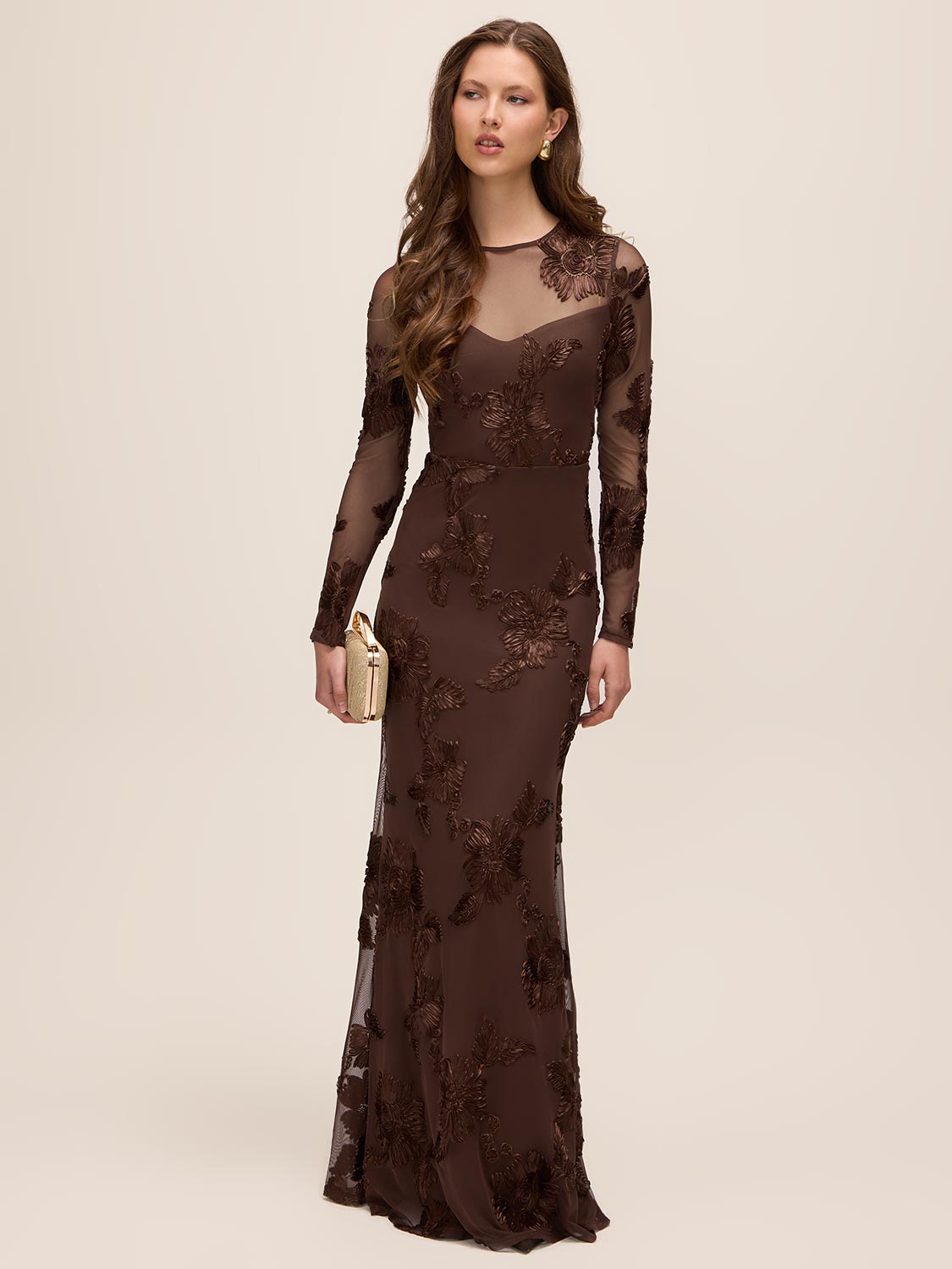 Mocha Soutache Floral Mesh Gown - Woman Wearing Long Sleeve Embroidered Evening Dress - Le Chateau