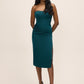 Teal Satin Bustier Midi Dress with Side Slit - Front View - Le Chateau
