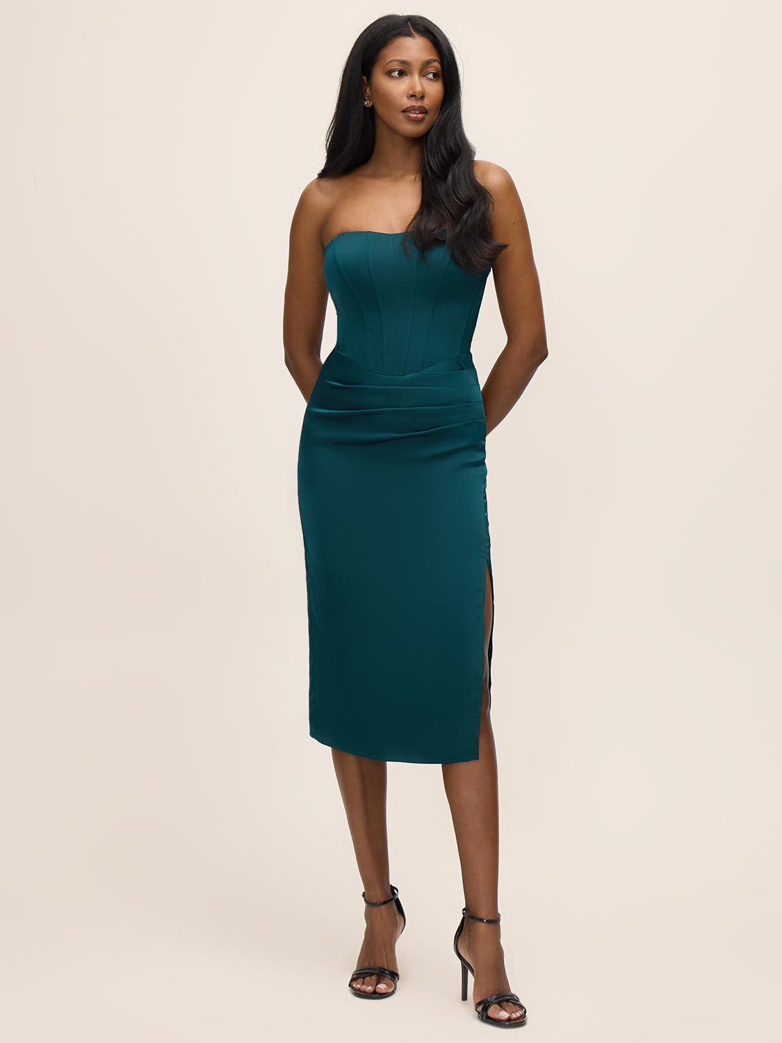 Teal Satin Bustier Midi Dress with Side Slit - Front View - Le Chateau