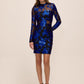 Sapphire/Black Mock Neck Mesh Mini Dress - Floral Sequin Pattern Evening Dress - Le Chateau