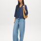 Dark Wash Button-Front Tencel Blouse with Balloon Sleeves - Front View - Suzy Shier