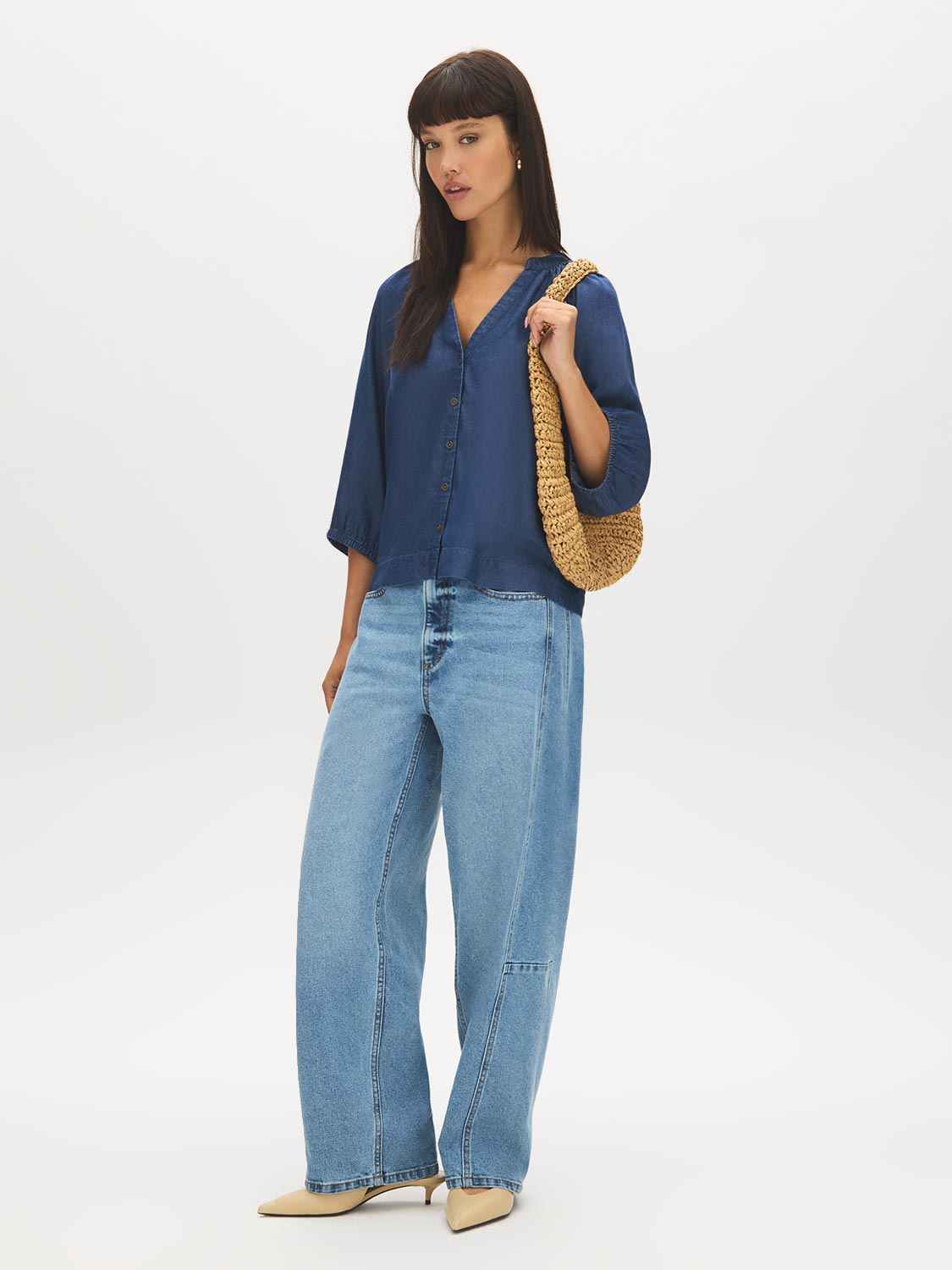 Dark Wash Button-Front Tencel Blouse with Balloon Sleeves - Front View - Suzy Shier