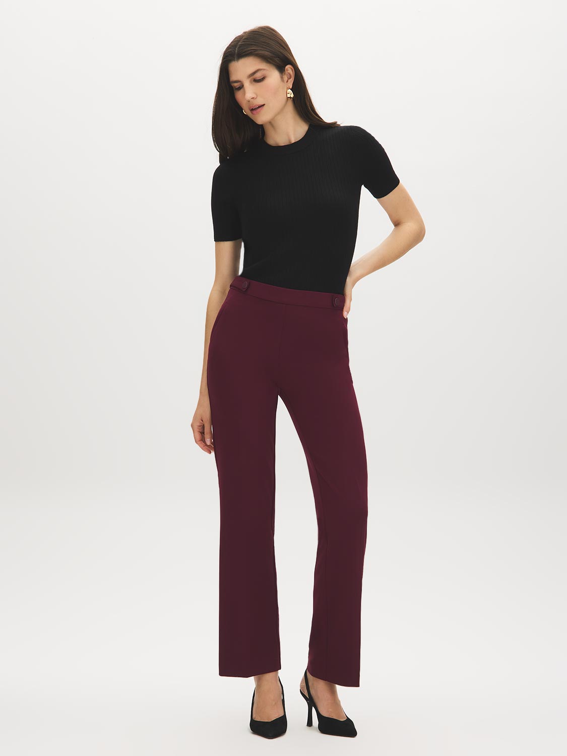 Scarab Pull-On Straight Leg Pant with Waist Tabs - Full Body View - Suzy Shier
