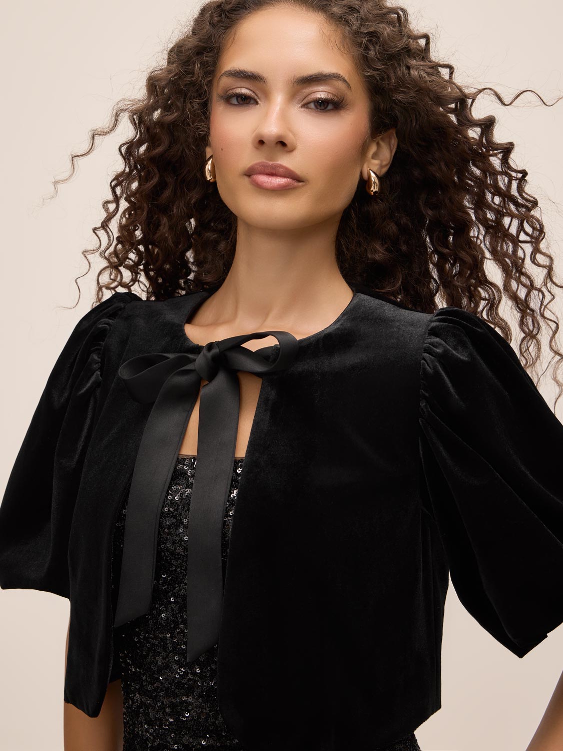 Black Velour Bolero with Satin Bow Ties - Close-up Front Detail - Le Chateau