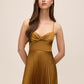 Dijon Pleated Satin Midi Dress with Knot Front - Front View - Le Chateau