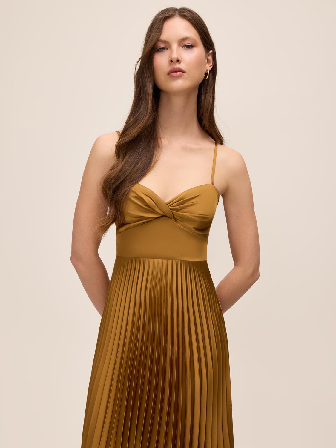 Dijon Pleated Satin Midi Dress with Knot Front - Front View - Le Chateau