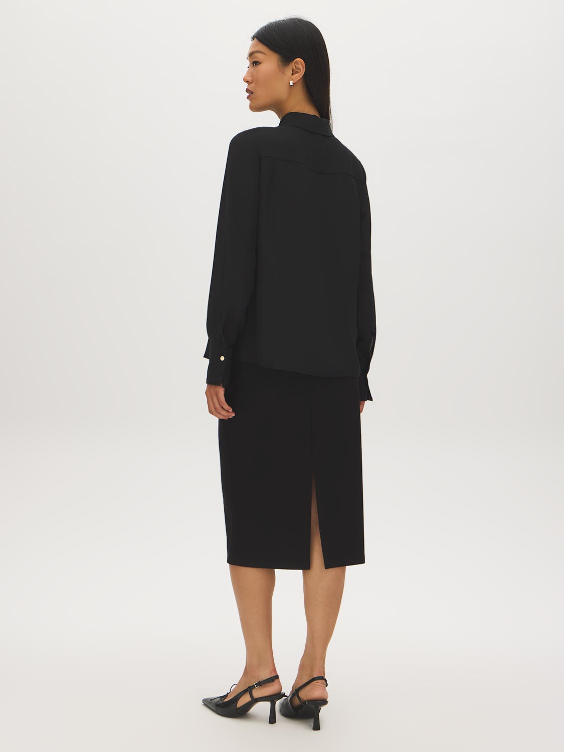 Black PU-Trimmed Long Sleeve Blouse - Back View - Suzy Shier