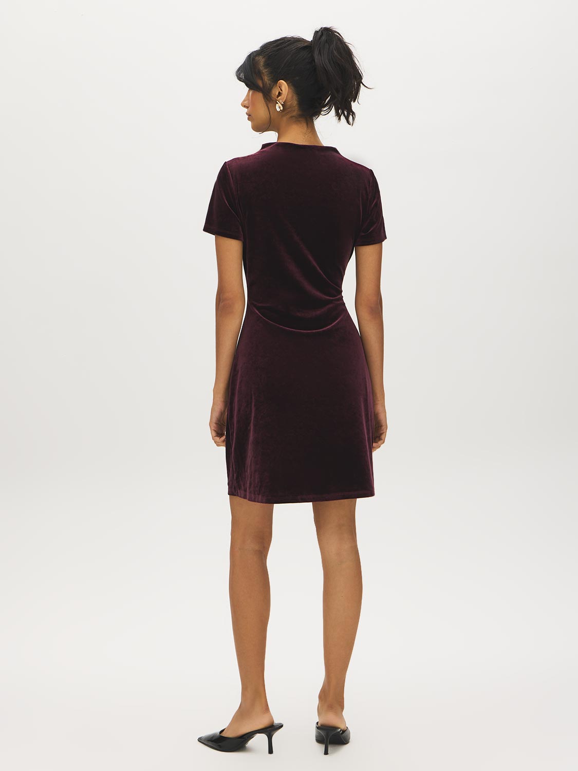 Midnight Plum Velour Mini Dress with Gathered Detail - Back View - Suzy Shier