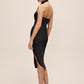 Black Draped Halter Neck Midi Dress - Back View - Le Chateau