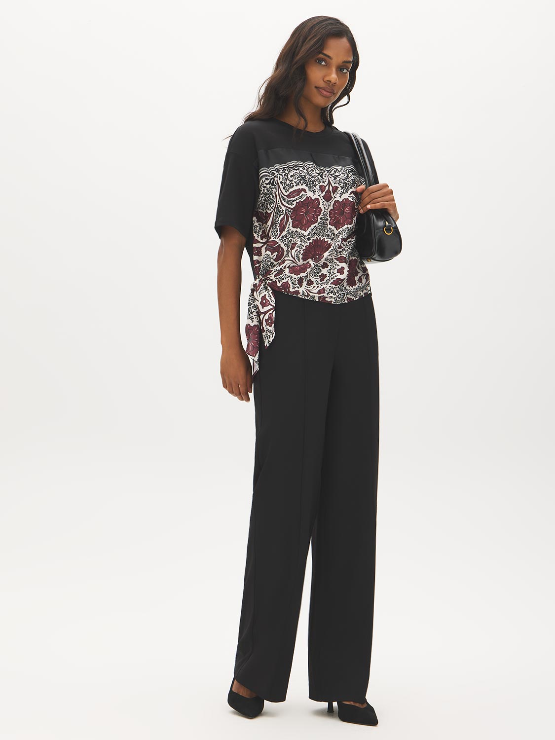 Jet Black Scarf Print Jersey Top - Front View - Suzy Shier
