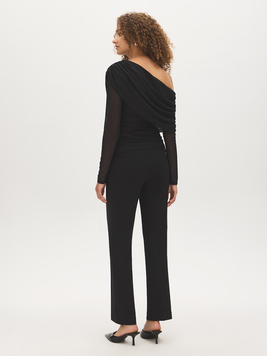 Jet Black Mesh Asymmetrical Cape Top - Back View - Suzy Shier