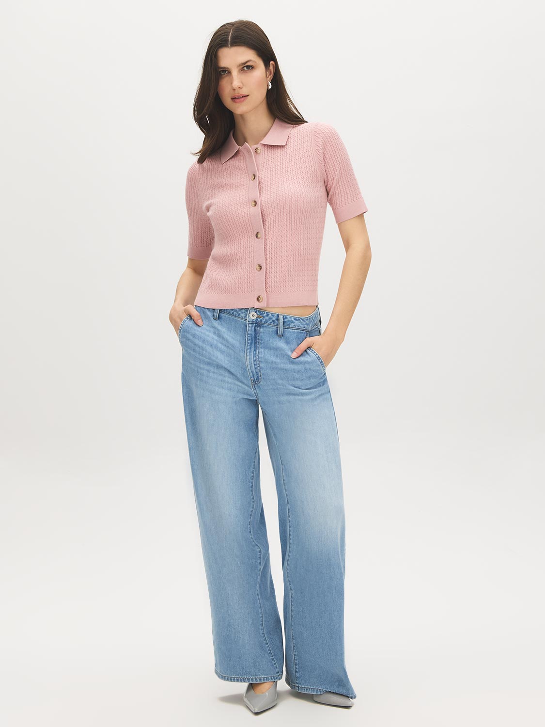 Zephyre Short Sleeve Cable Knit Button-Front Sweater - Woman Wearing Knit Top with Ribbed Hem - Suzy Shier