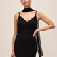 Black Knit Crepe Gown with Chiffon Godet Inserts - Front Close-up View - Le Chateau