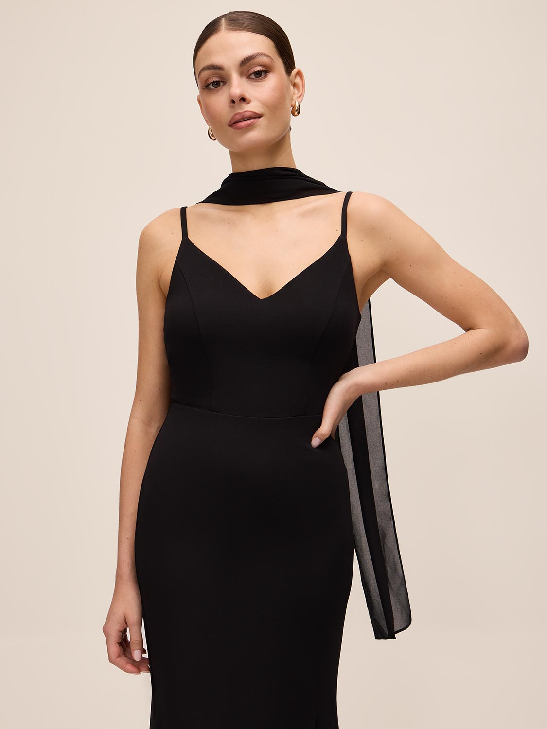 Black Knit Crepe Gown with Chiffon Godet Inserts - Front Close-up View - Le Chateau