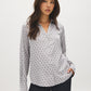 Dolphin Dot Print Satin-Like Blouse - Woman Wearing V-Neck Button-Up Blouse - Suzy Shier