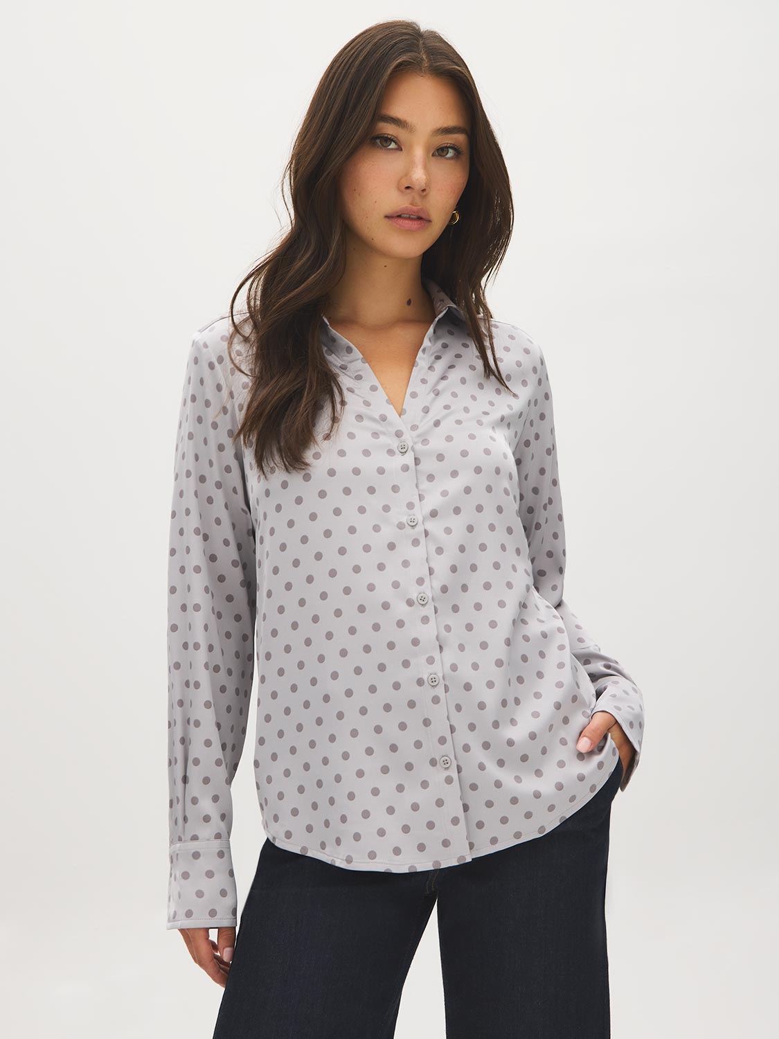 Dolphin Dot Print Satin-Like Blouse - Woman Wearing V-Neck Button-Up Blouse - Suzy Shier