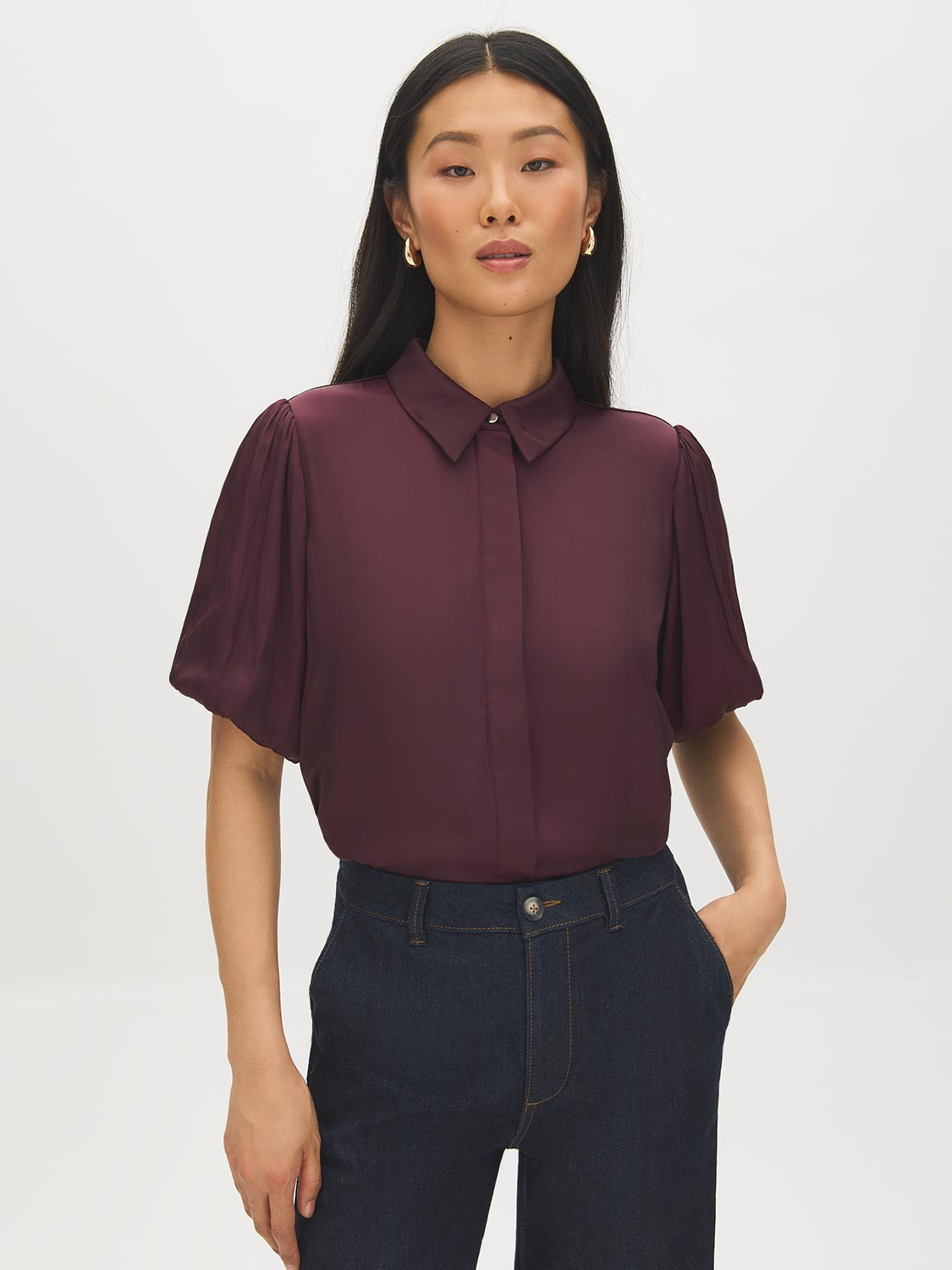 Winetasting Matte Satin Blouse with Bubble Sleeves - Front Close-up View - Suzy Shier