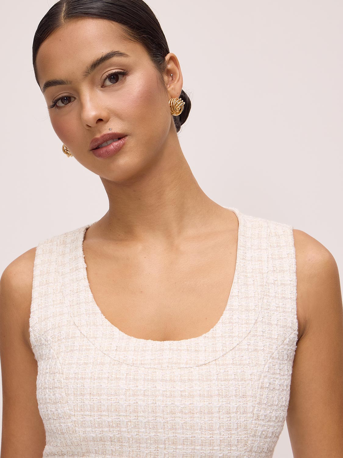 Antique Cream Boucle Metallic Mini Dress - Close-up Scoop Neck Detail - Le Chateau