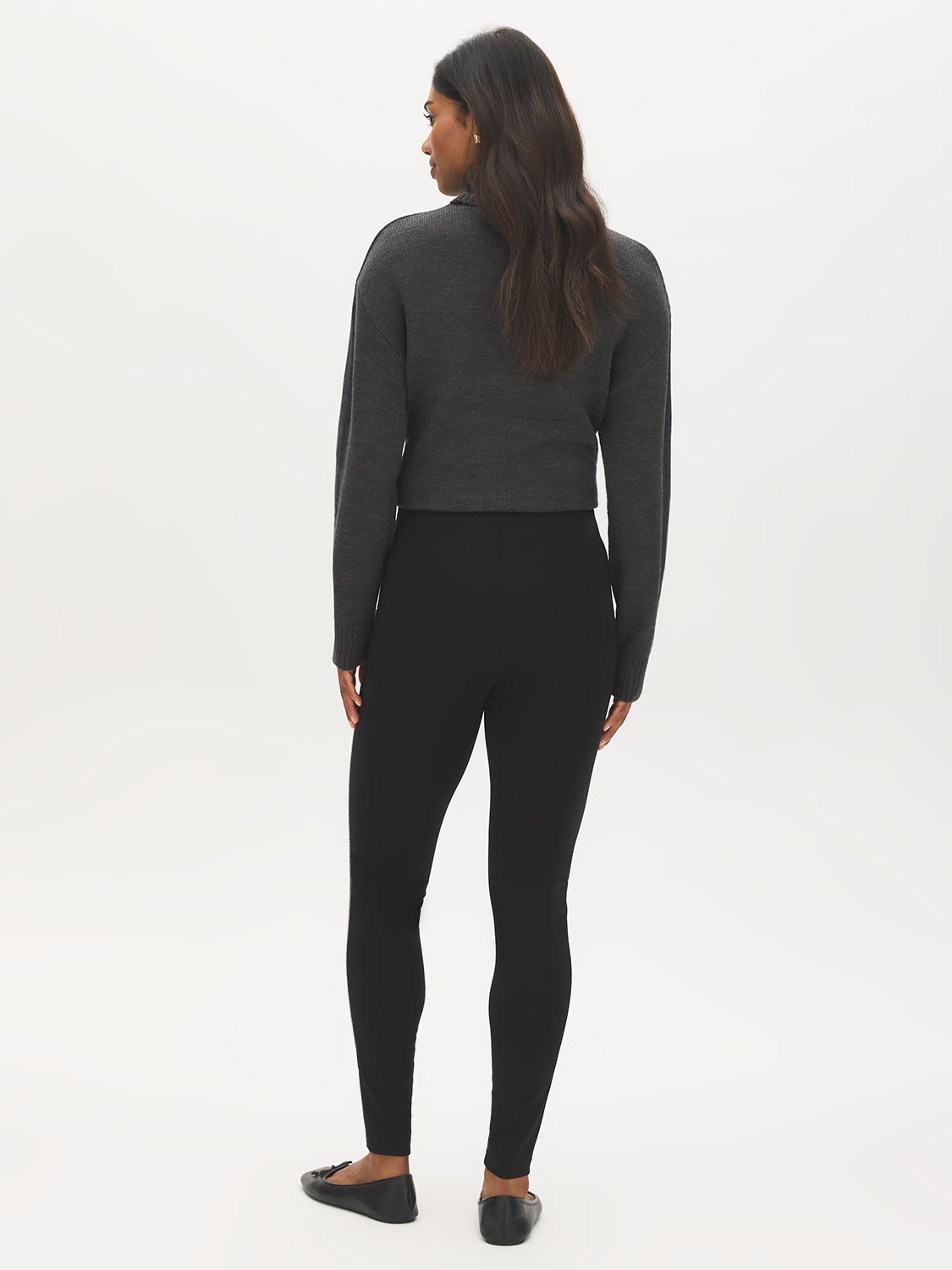 Black Skinny Pull-On Pant with Pewter Side Trim - Back View - Suzy Shier