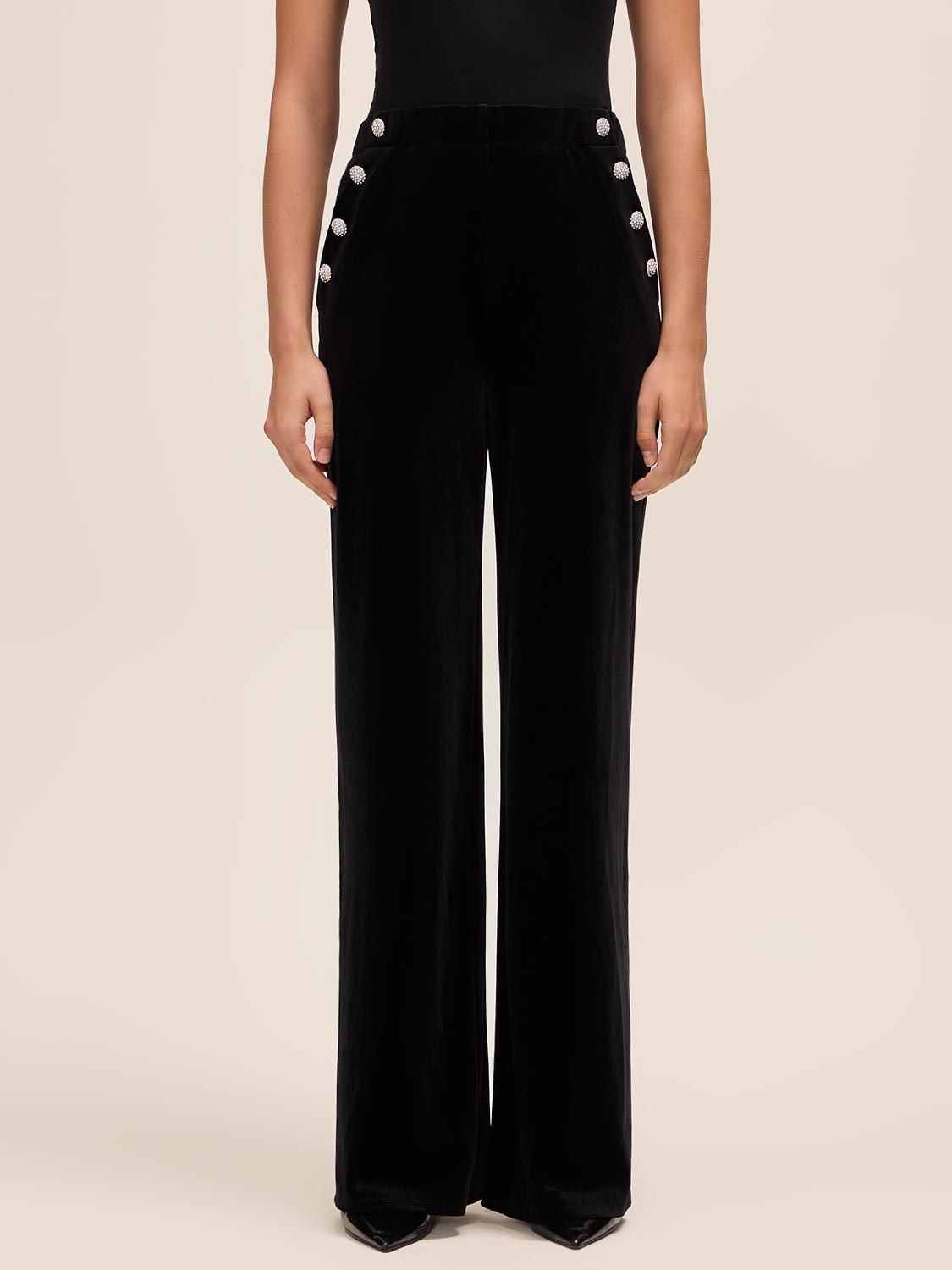 Black Velour Wide Leg Pant with Crystal Buttons - Front View - Le Chateau