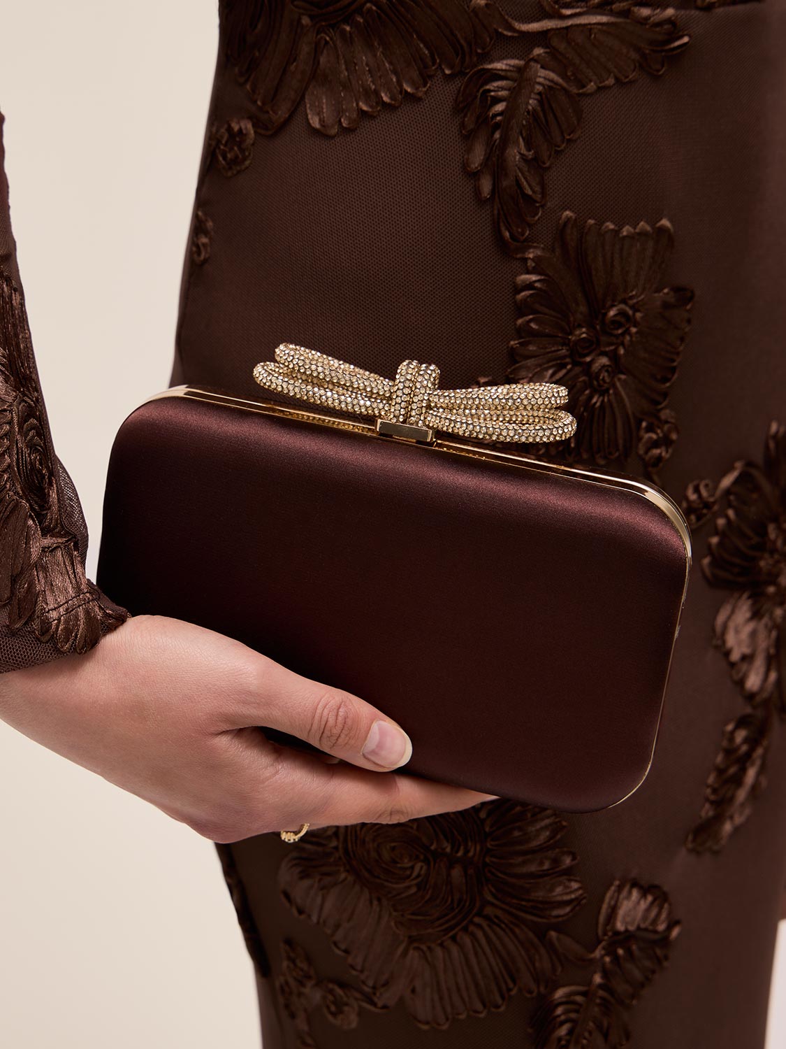 Brown/Gold Woven Satin Minaudire with Jeweled Bow - Front View - Le Chateau