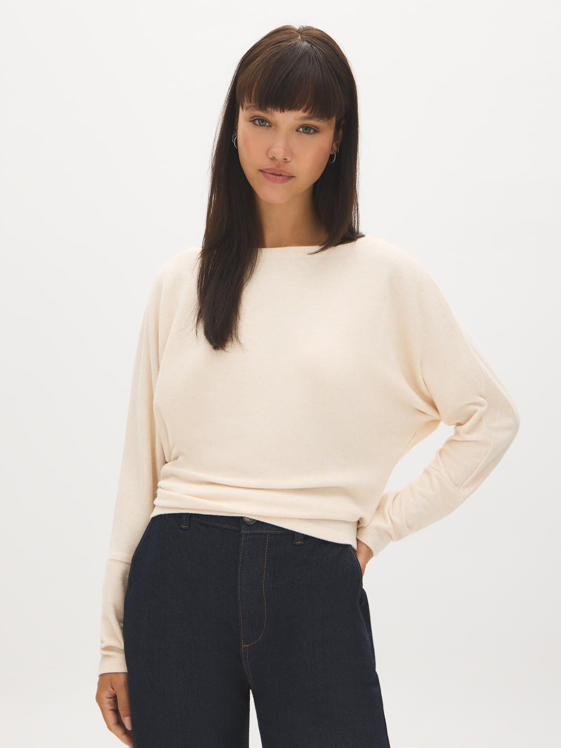 Beige Melange Batwing Sleeve Hacci Knit Top - Woman Wearing Relaxed Fit Top - Suzy Shier
