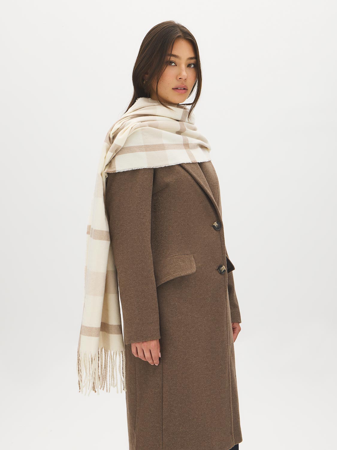 Beige Plaid Soft Brushed Scarf with Fringes - Close-up Fringe Detail - Suzy Shier