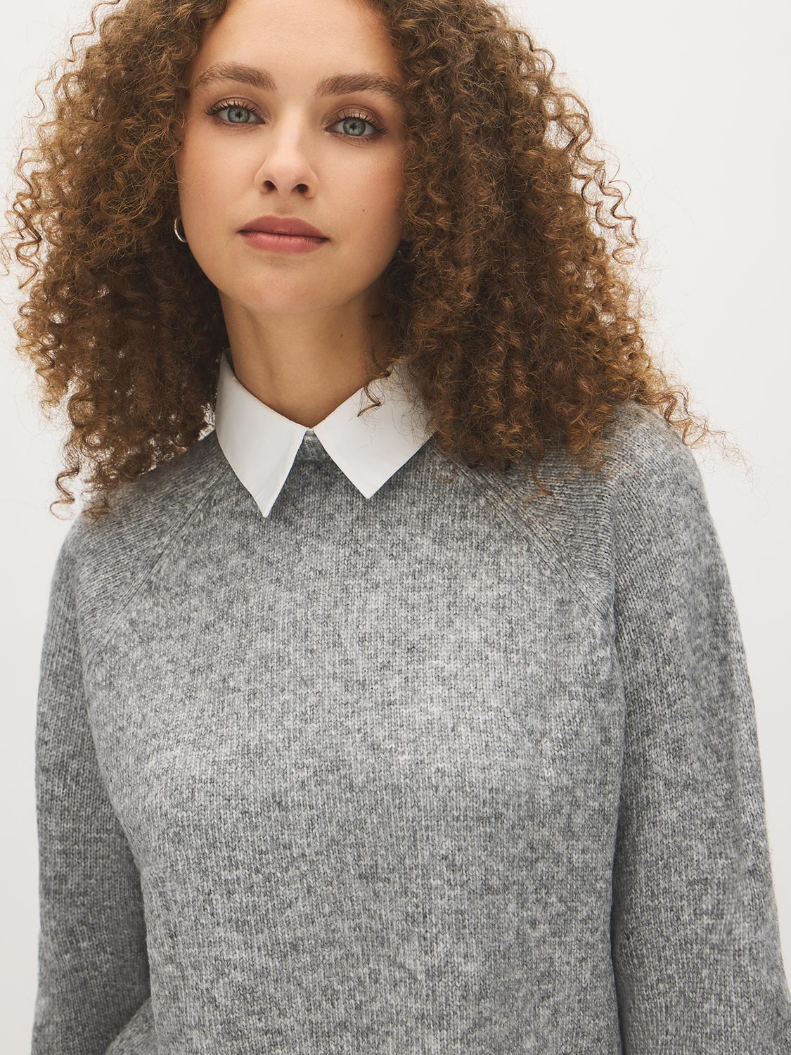 Grey Mix Twofer Knit Sweater with Poplin Collar - Collar Detail - Suzy Shier