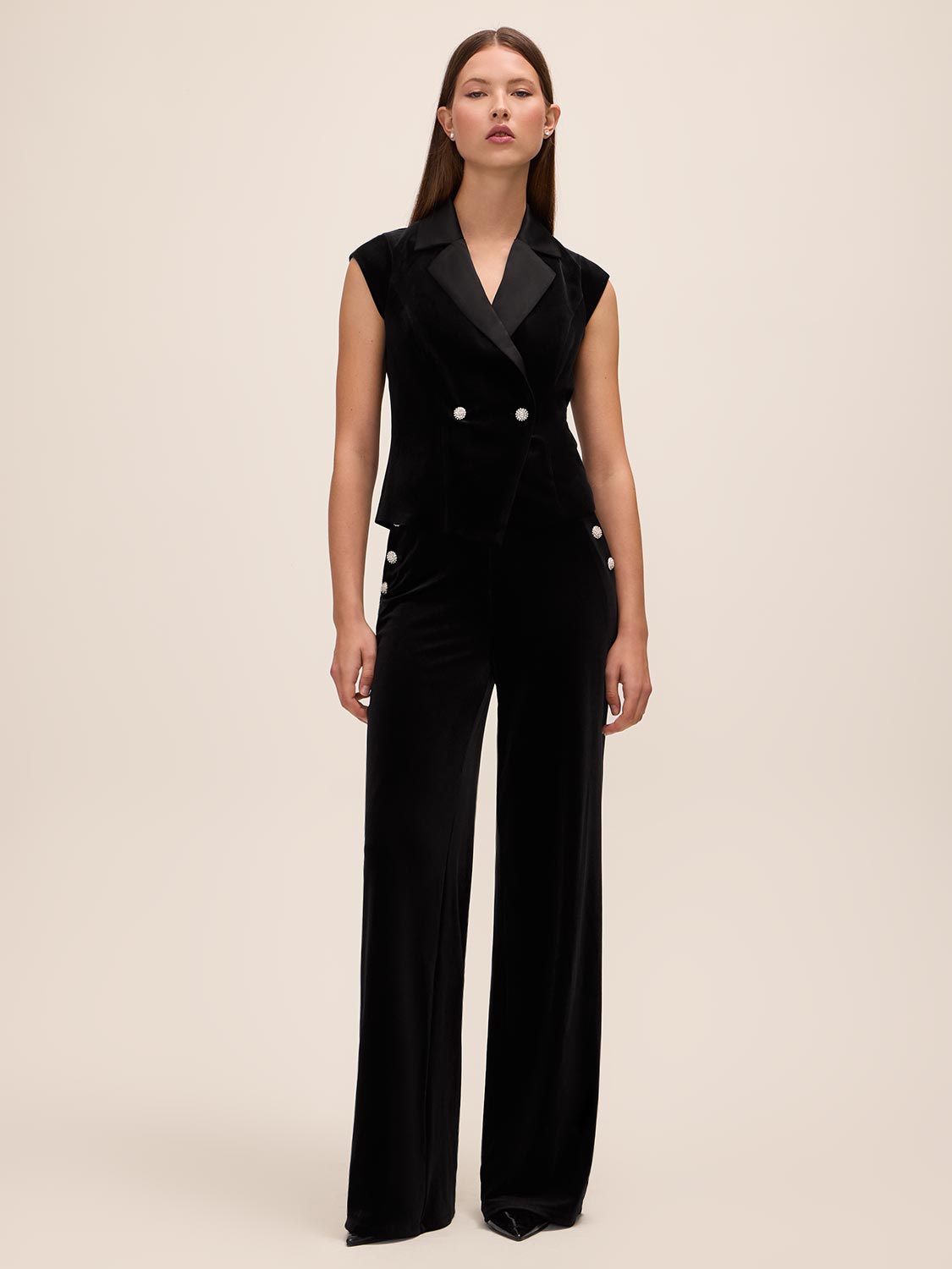 Black Velour Wide Leg Pant with Crystal Buttons - Luxurious Evening Wear Trousers - Le Chateau