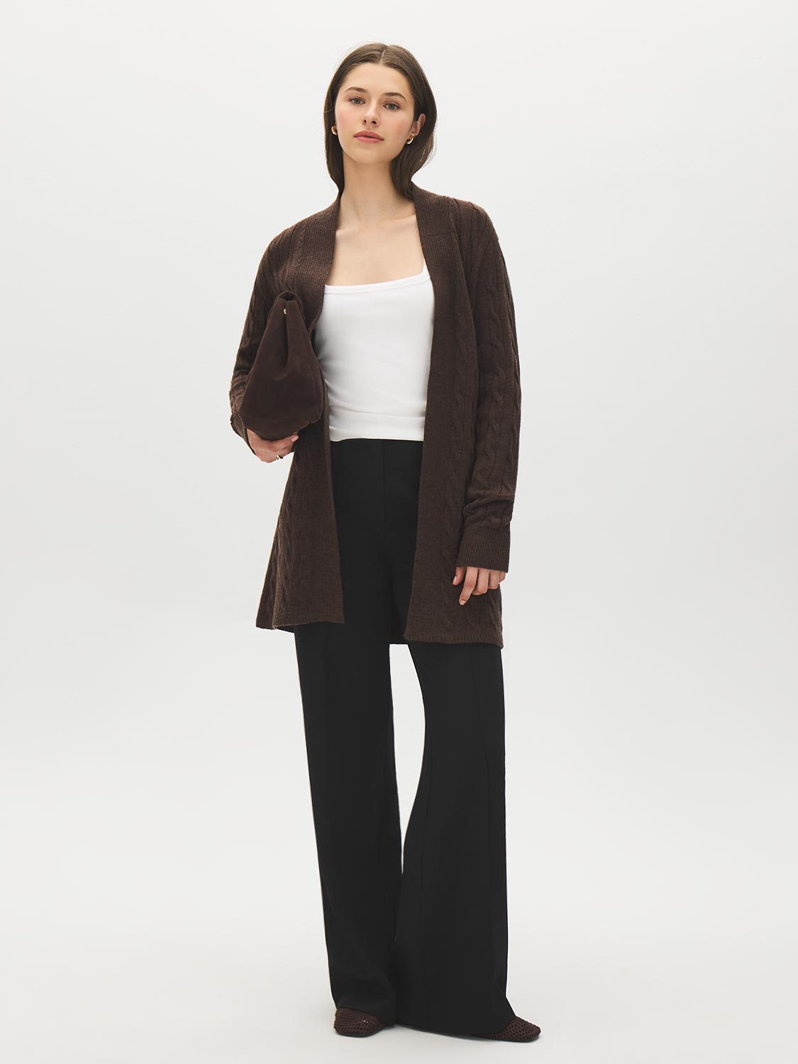 Dolphin Melange Long Cable Knit Open Cardigan - Alternate Color Full Front View - Suzy Shier