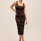 Toffee and Black Ruched Floral Print Midi Dress - Woman Wearing Square Neck Cocktail Dress - Le Chateau