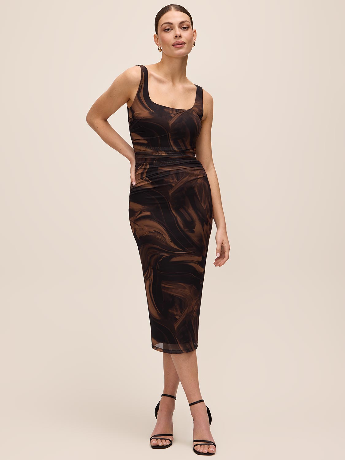 Toffee and Black Ruched Floral Print Midi Dress - Woman Wearing Square Neck Cocktail Dress - Le Chateau