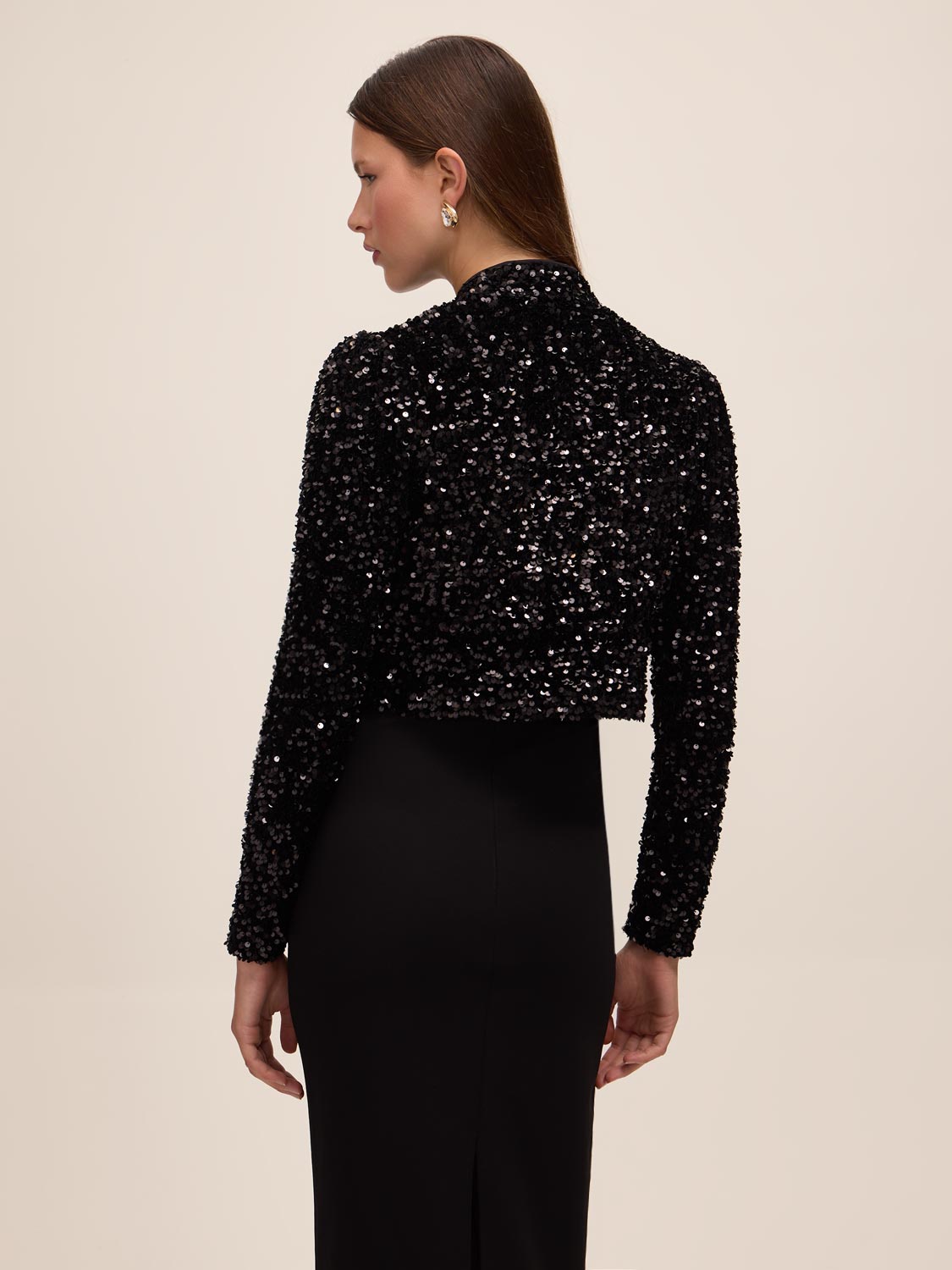 Black and Antique Cream Sequin Bolero with Puffy Sleeves - Back View - Le Chateau