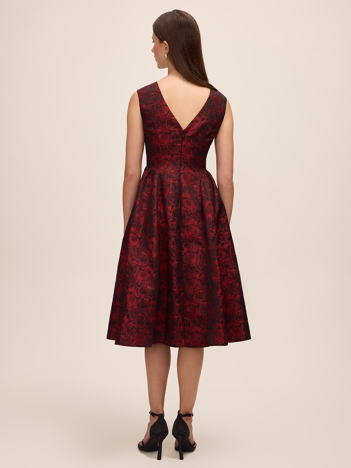 Lipstick Red/Black Jacquard Floral Fit & Flare Dress - Back View - Le Chateau