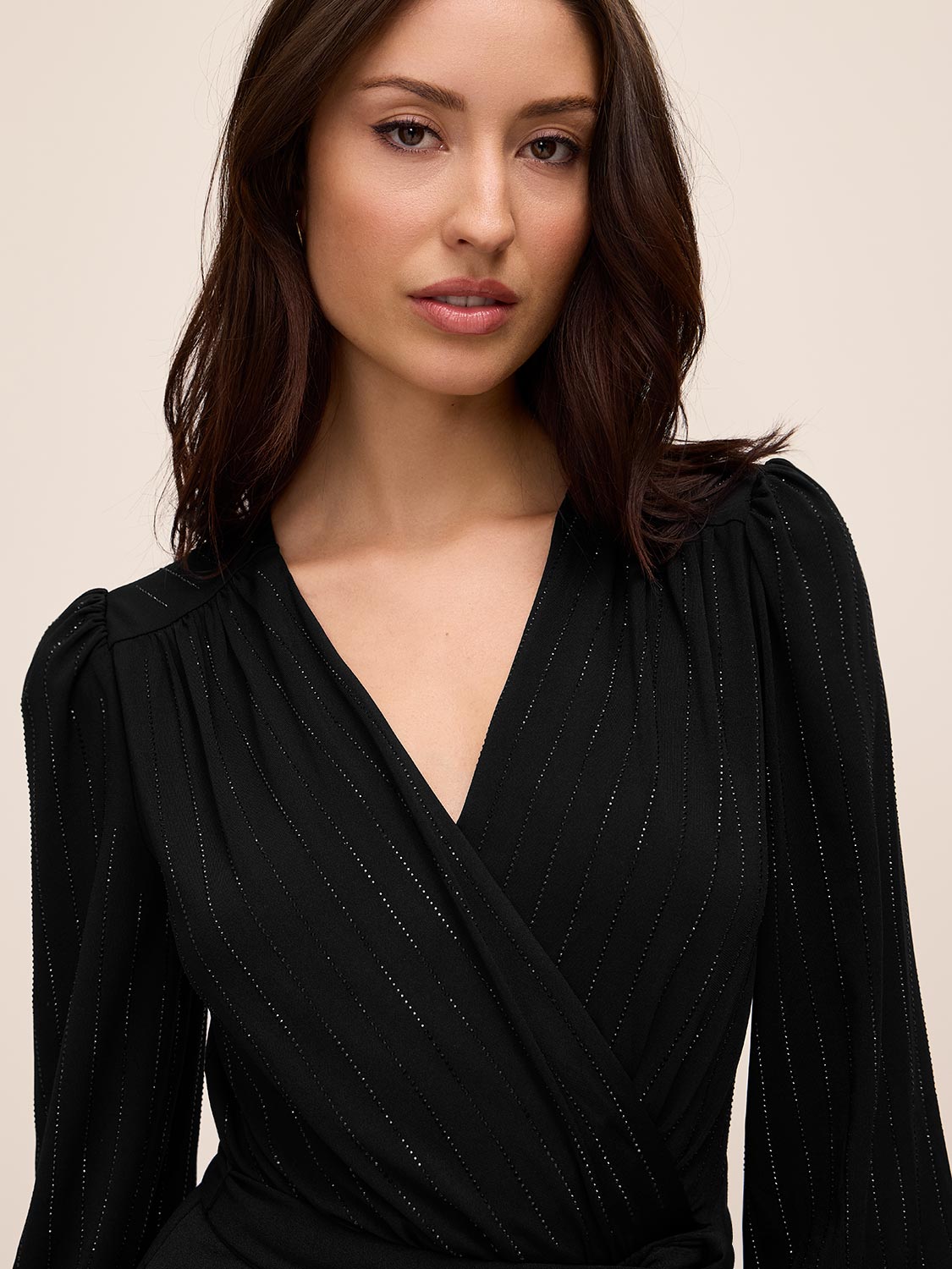 Black Crossover Neck Knit Jumpsuit - Close-up Neckline Detail - Le Chateau