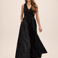 Black V-Neck Jumpsuit with Jacquard Skirt Overlay - Front View - Le Chateau