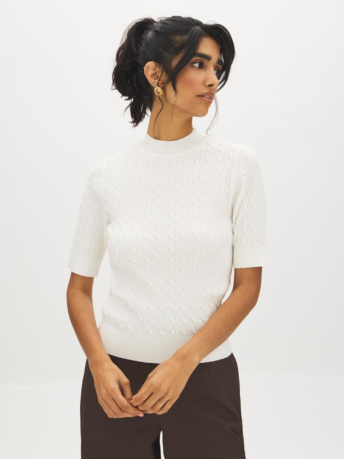 Snow White Mock Neck Cable Knit Sweater - Side Profile View - Suzy Shier