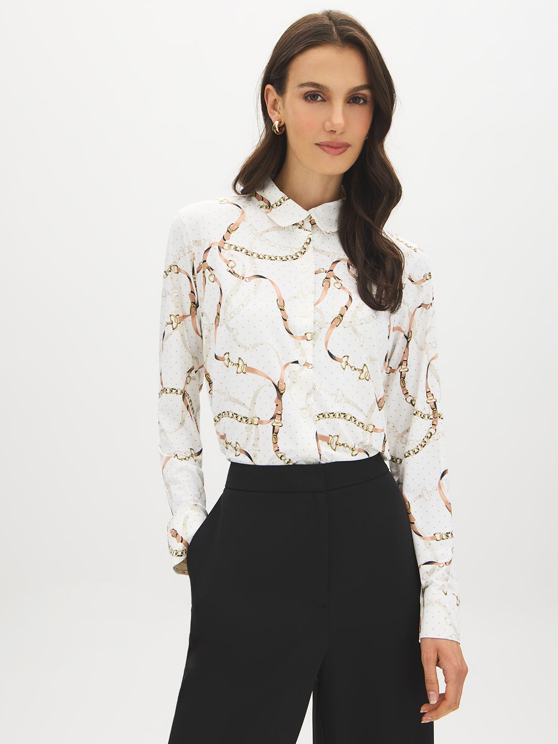 Snow White Button-Up Knit Blouse with Shirt Collar - Woman Wearing Classic Long Sleeve Blouse - Suzy Shier