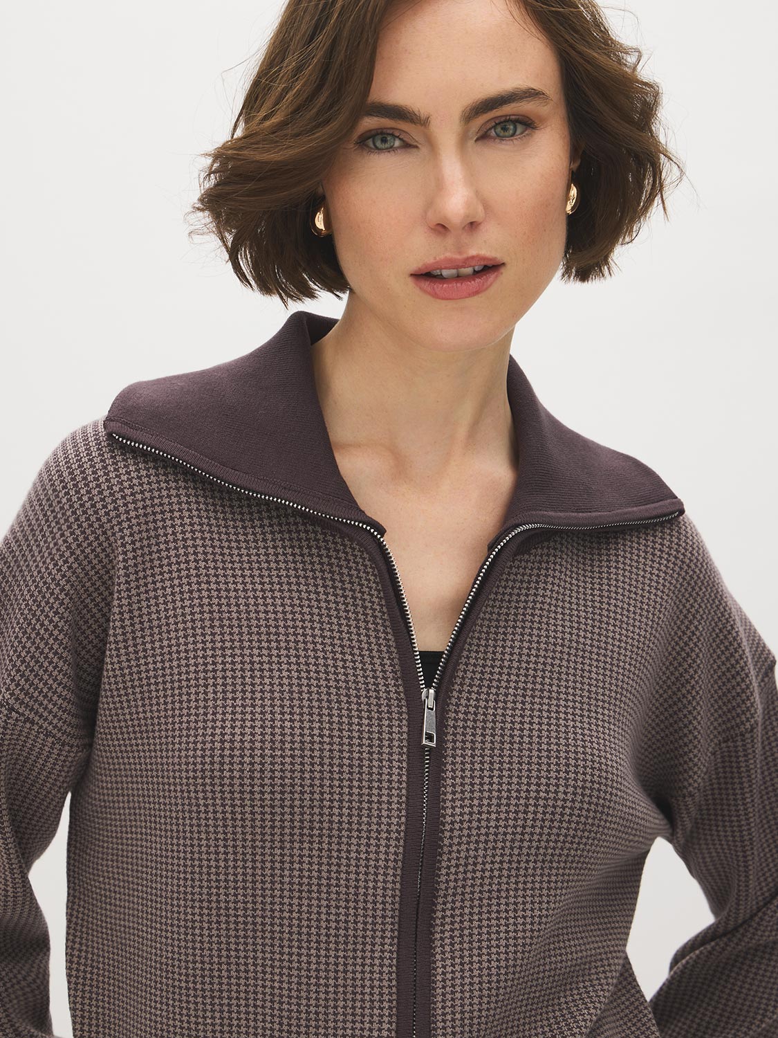 Brown/Beige Jacquard Zip Front Sweater - Close-up Fabric Detail - Suzy Shier
