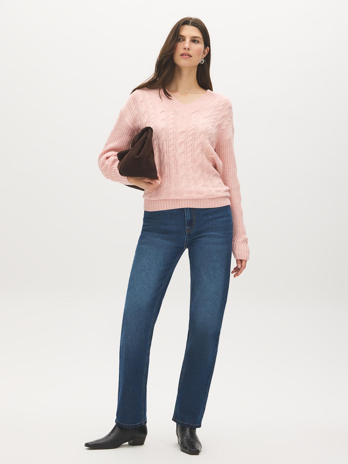 Uni Pink V-Neck Cable Knit Sweater - Front View - Suzy Shier
